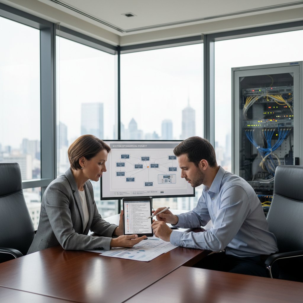 Business manager reviewing IT support checklist during decision process