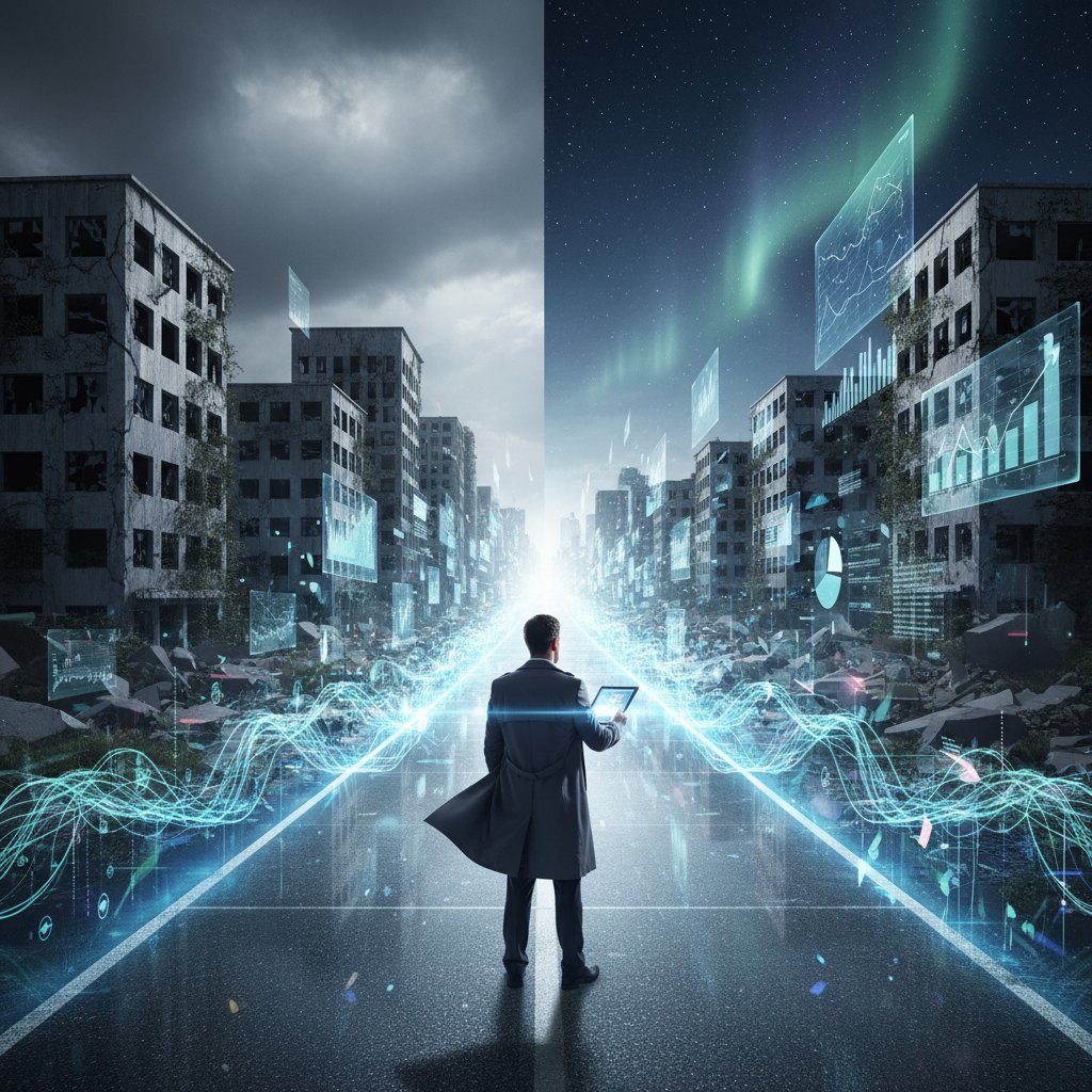 Business leader facing a split road: one side old office buildings, other side digital data streams, editorial photo