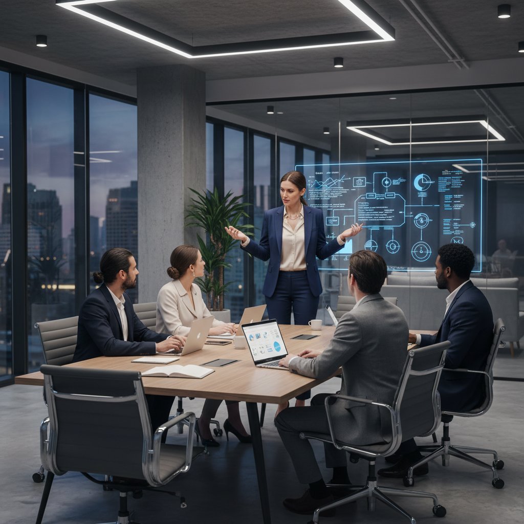 Dyrektor firmy prowadzący spotkanie strategiczne z zespołem w nowoczesnej sali konferencyjnej
