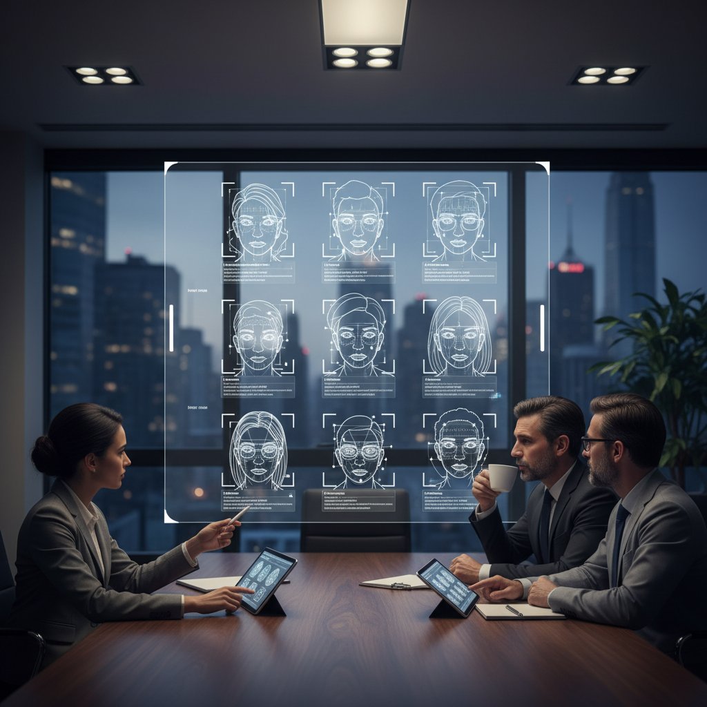 Zdjęcie spotkania biznesowego z AI analizującą twarze uczestników na ekranie