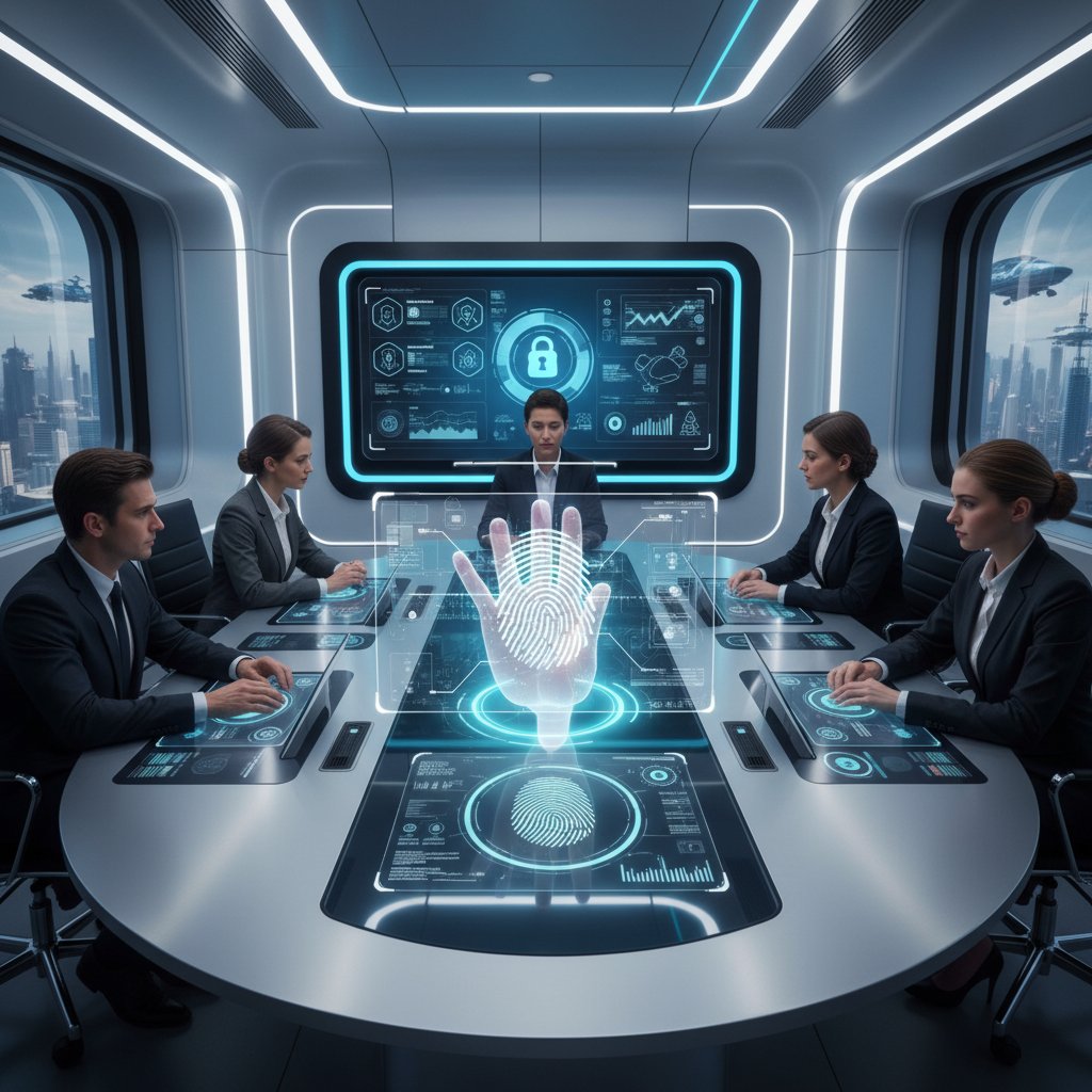 Biznesowe spotkanie w korporacji, rozmowa o wdrożeniu technologii biometrycznych