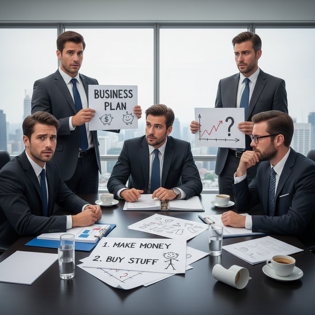 Business professionals in a chaotic meeting, confused over oversimplified documents, illustrating the risks of misusing tools for simplifying complex texts.