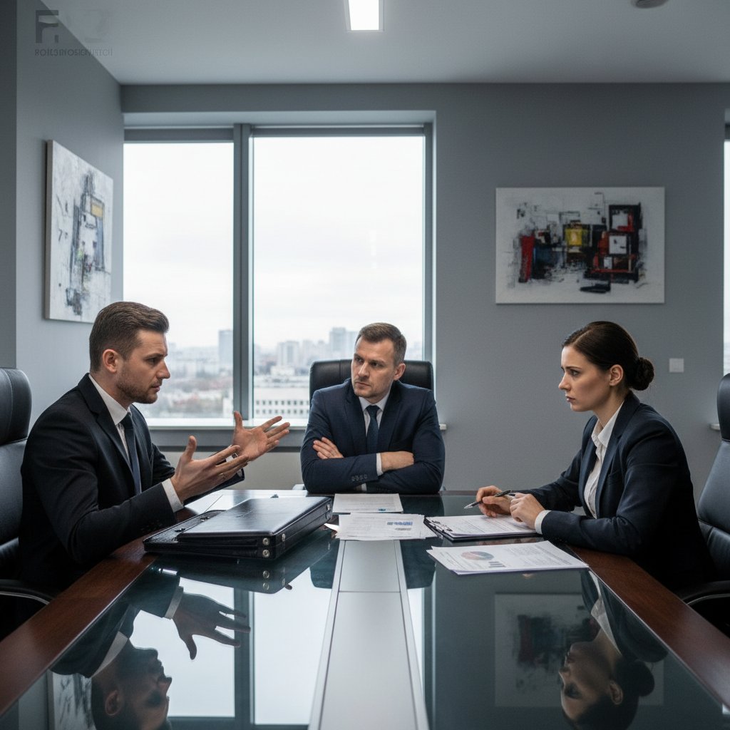 Sala konferencyjna, narada biznesowa, konsultant i zespół polskiej firmy, atmosfera napięcia