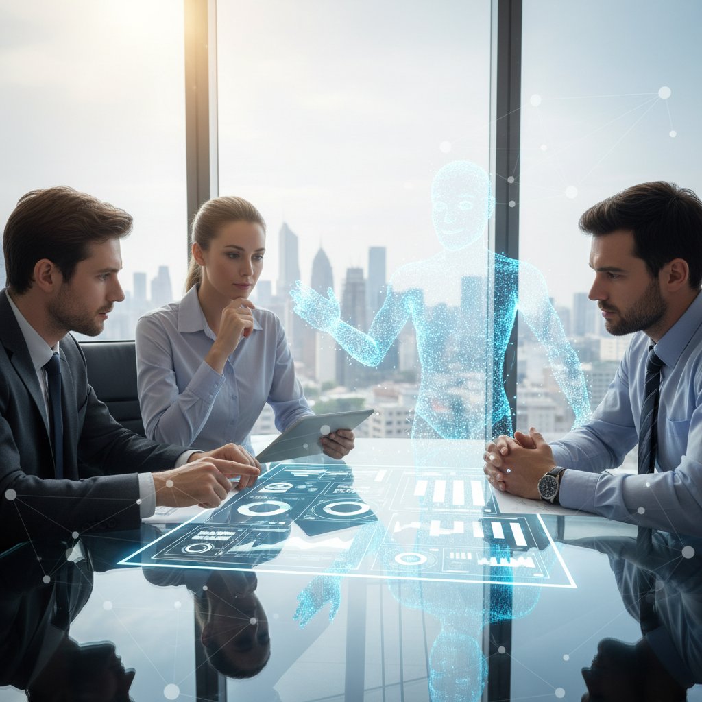 Corporate professionals reviewing a digital document after a costly mistake, professional writing assistant in background