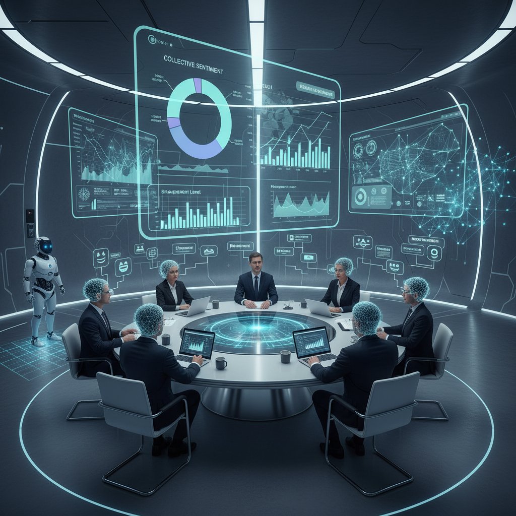 Zespół ludzi i AI analizujący emocje w sali konferencyjnej, sztuczna inteligencja w biznesie