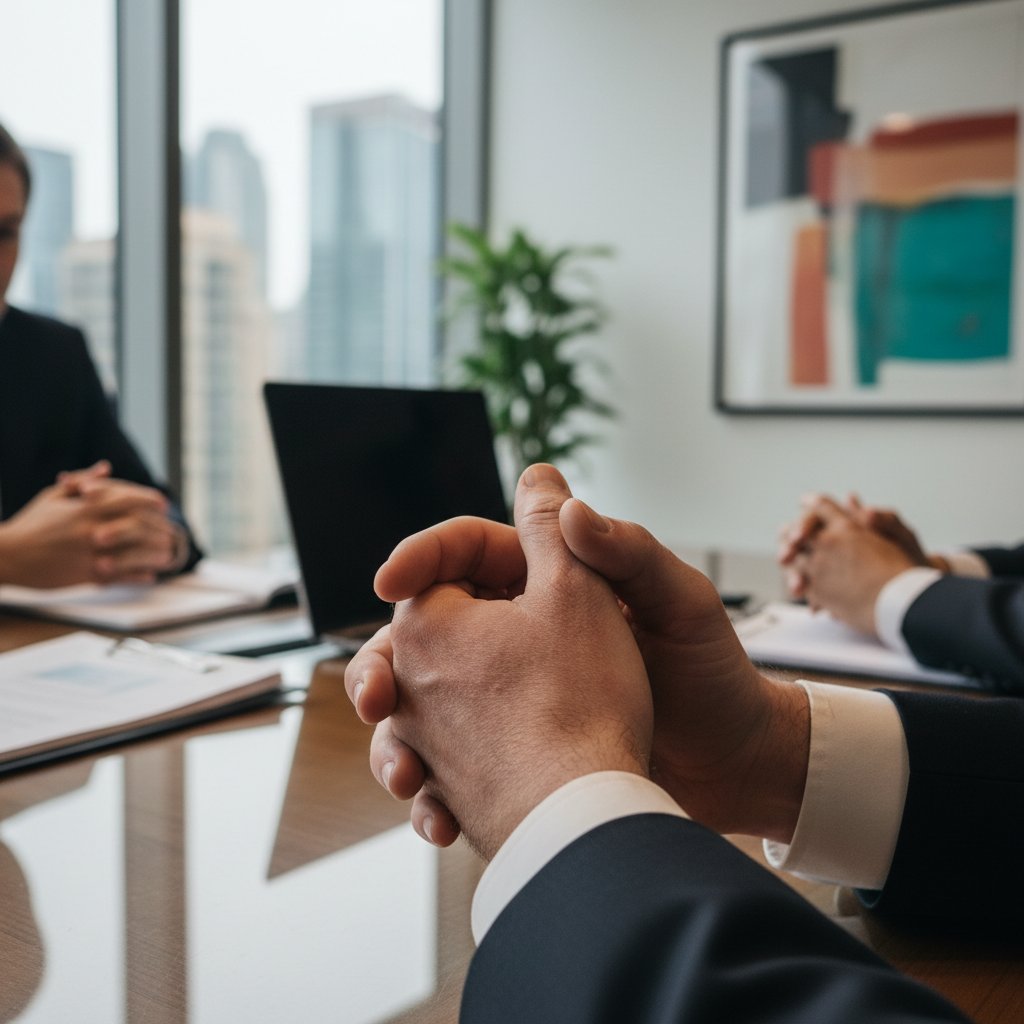 Dłonie osoby z egzemą podczas spotkania biznesowego, widoczne napięcie, nowoczesne biuro, relacje międzyludzkie