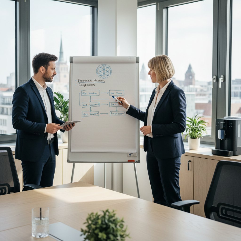 Business-Meeting in deutschem Büro, Flipchart mit spirituellem Symbol, moderne Arbeitskultur