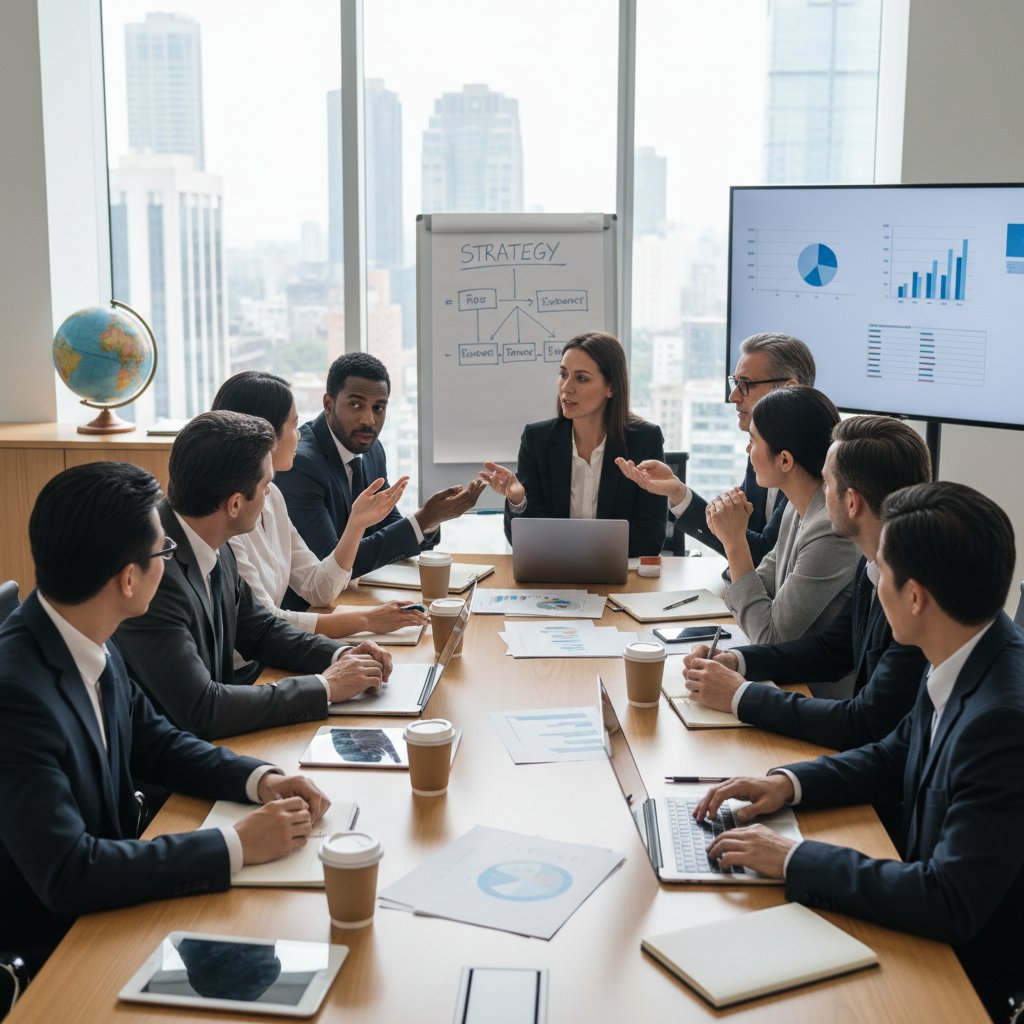 Spotkanie zarządu w międzynarodowej firmie, dyskusja w języku angielskim, dynamiczna atmosfera