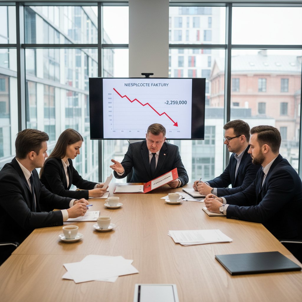 Spotkanie biznesowe w polskiej firmie, gdzie temat windykacji wywołuje napięcie