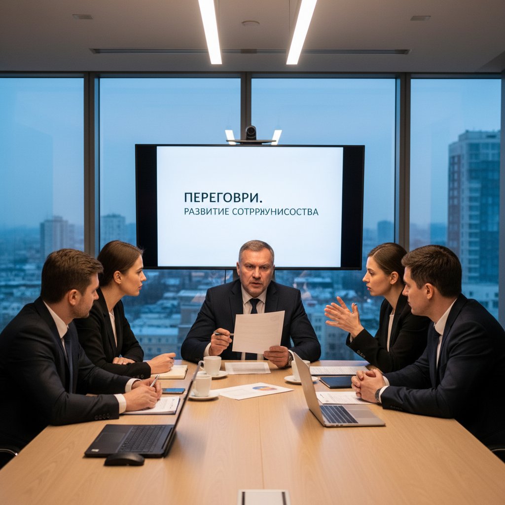 Biznesowa rozmowa Polaka i Rosjanina przy stole konferencyjnym, uśmiechy, notatki z rosyjskimi słowami – słowa kluczowe: rosyjski w pracy, negocjacje, gramatyka