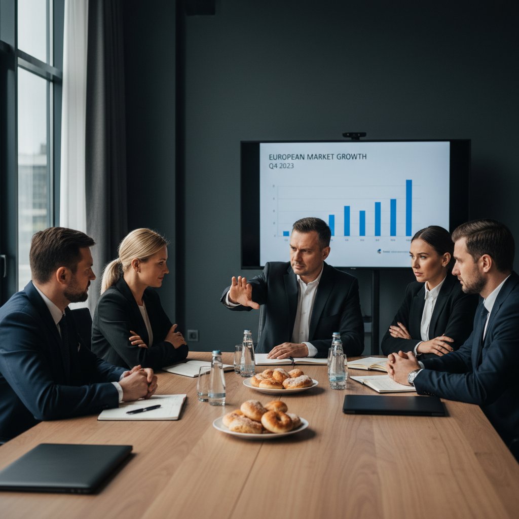 Spotkanie biznesowe: gestykulujący Rosjanin, Polak słucha – ilustracja międzykulturowych wyzwań