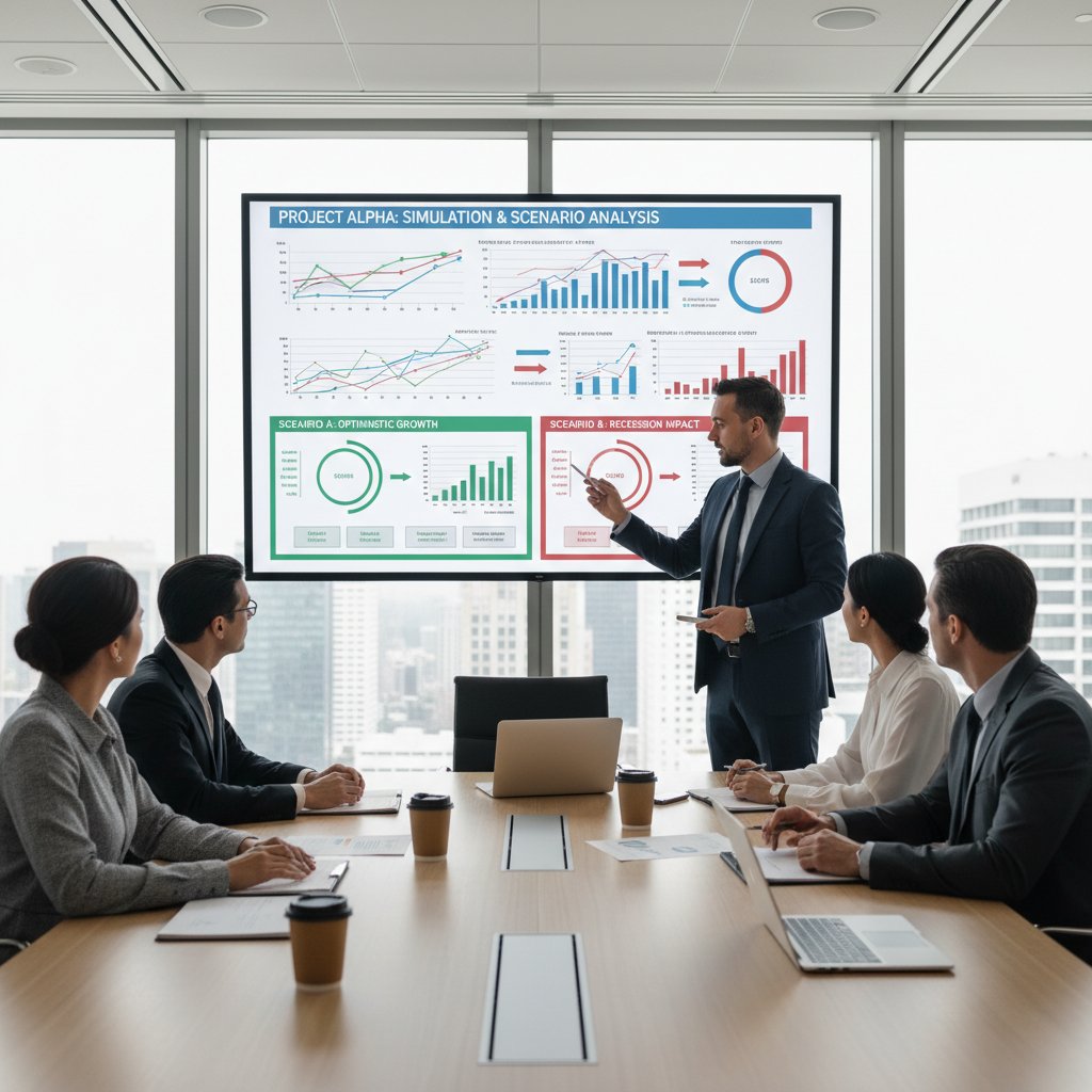 Zarząd analizujący wyniki symulacji na spotkaniu biznesowym, efekty wdrożenia narzędzi do testowania scenariuszy