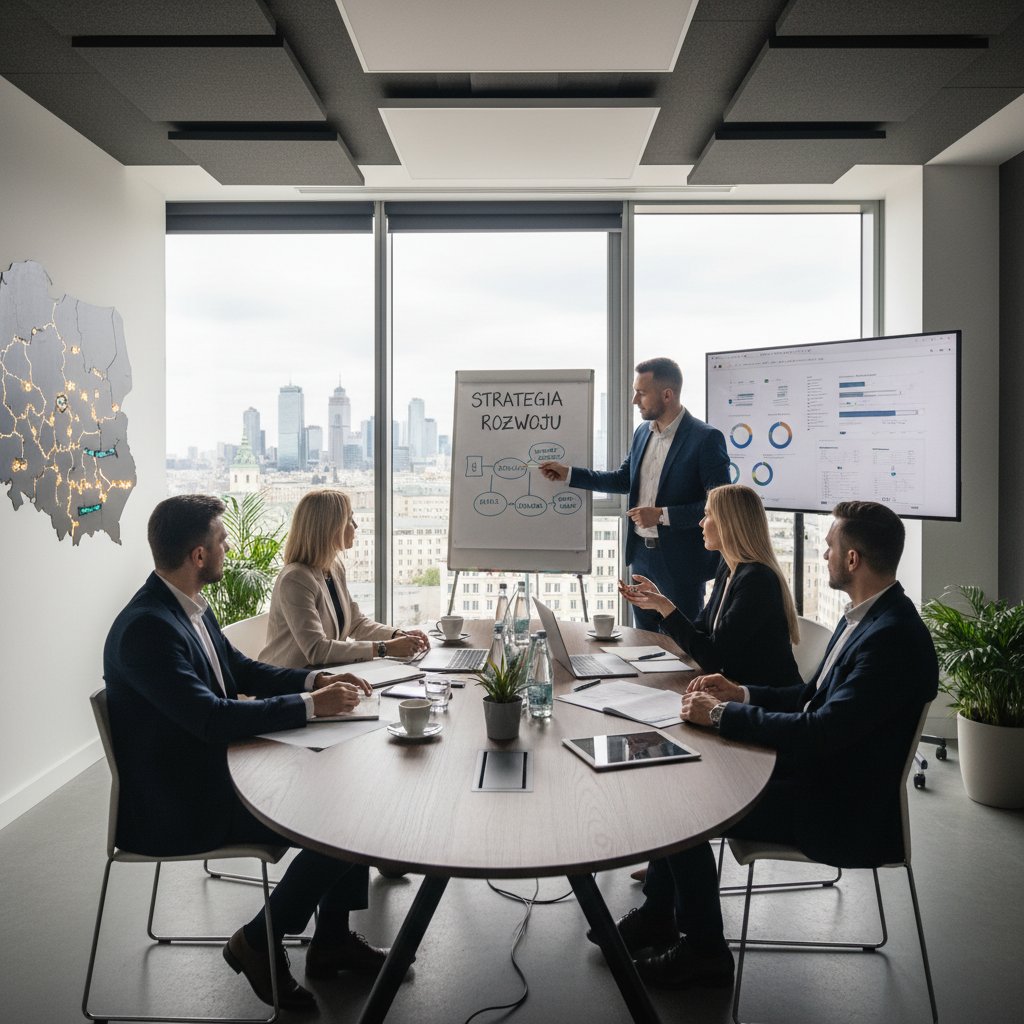 Spotkanie zarządu analizującego strategię wzrostu w nowoczesnym biurze, słowa kluczowe: strategia wzrostu, polska firma