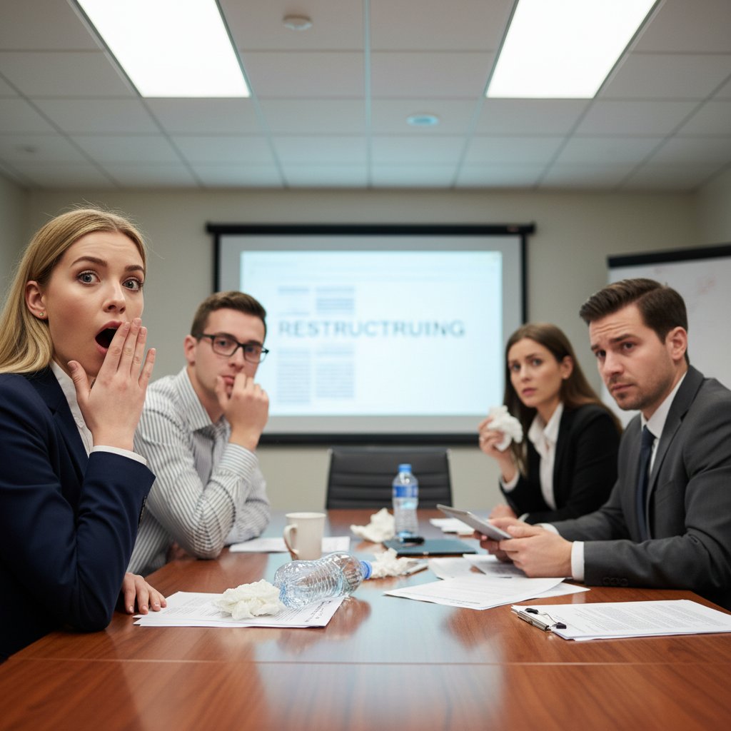 Spotkanie biznesowe, mina zdziwienia po błędzie, dynamiczna scena, emocje zakłopotania
