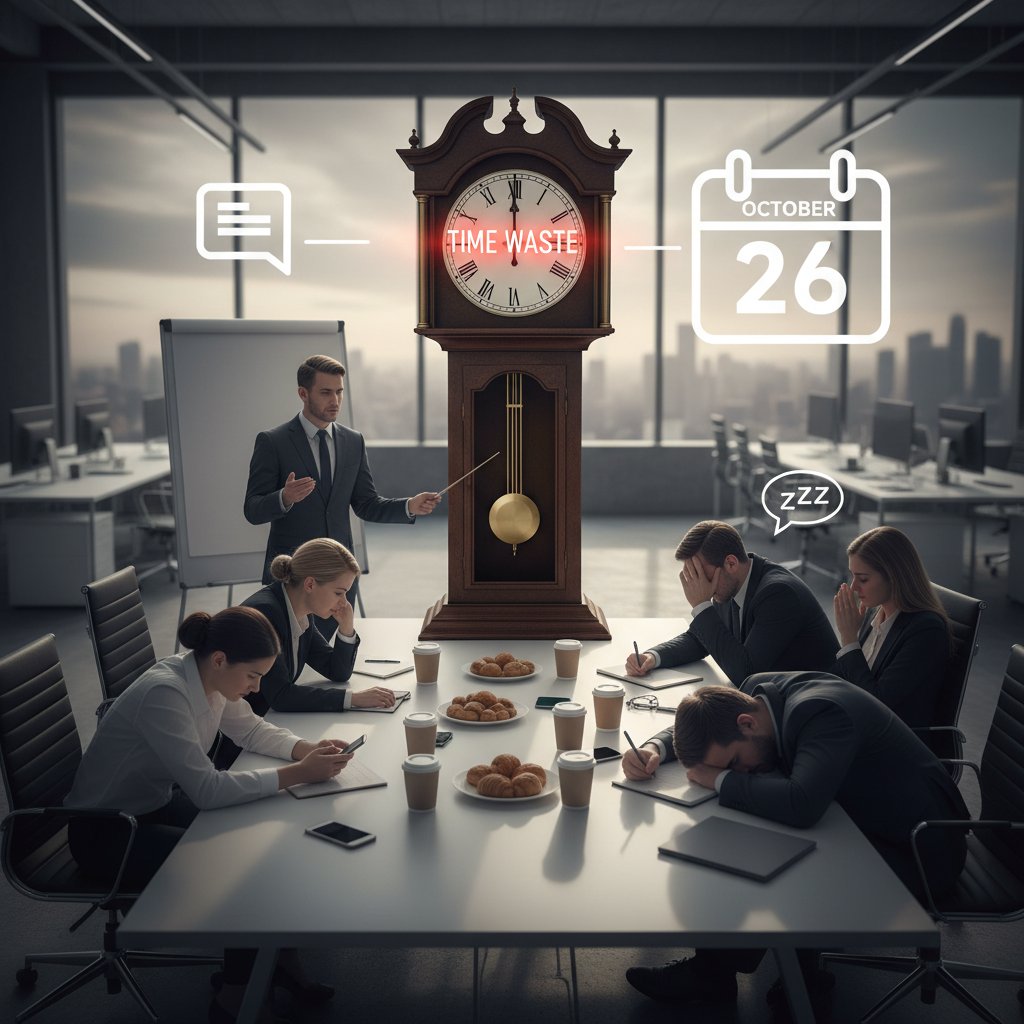 Spotkanie biznesowe z zegarkiem w centrum, symbolizujące marnowanie czasu przez złe planowanie