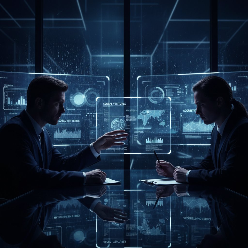 Dwie osoby w garniturach negocjują przez laptopy w ciemnym biurze, tło z cyfrowymi danymi, napięta atmosfera negocjacji biznesowych online