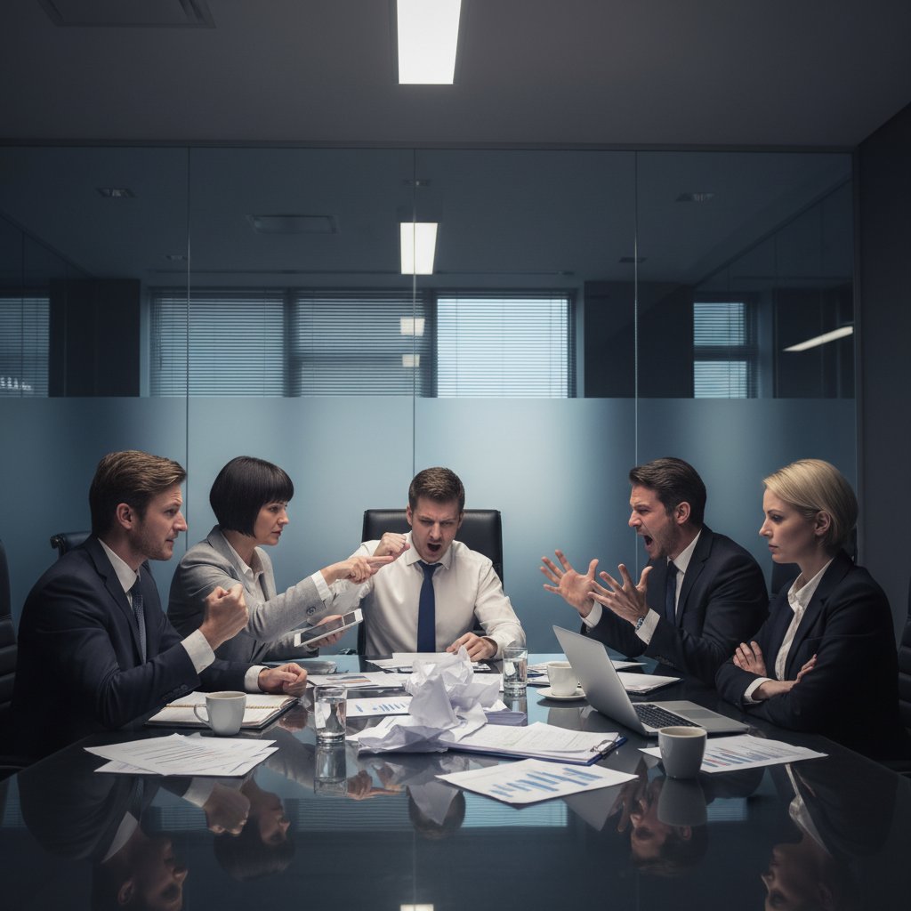 Biznesowa scena negocjacji: dwie strony przy stole, intensywna wymiana argumentów