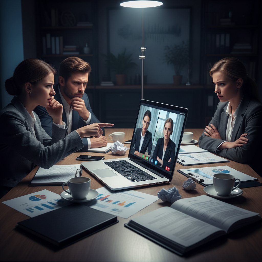 Negocjacje biznesowe online – rekwizyty: dokumenty, kalkulator, kawa, laptop, napięta atmosfera