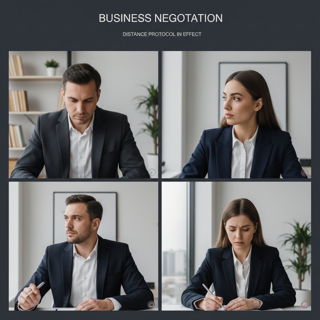 Negocjatorzy podczas rozmowy online na laptopach, skupieni na ekranach, bez kontaktu wzrokowego, atmosfera dystansu