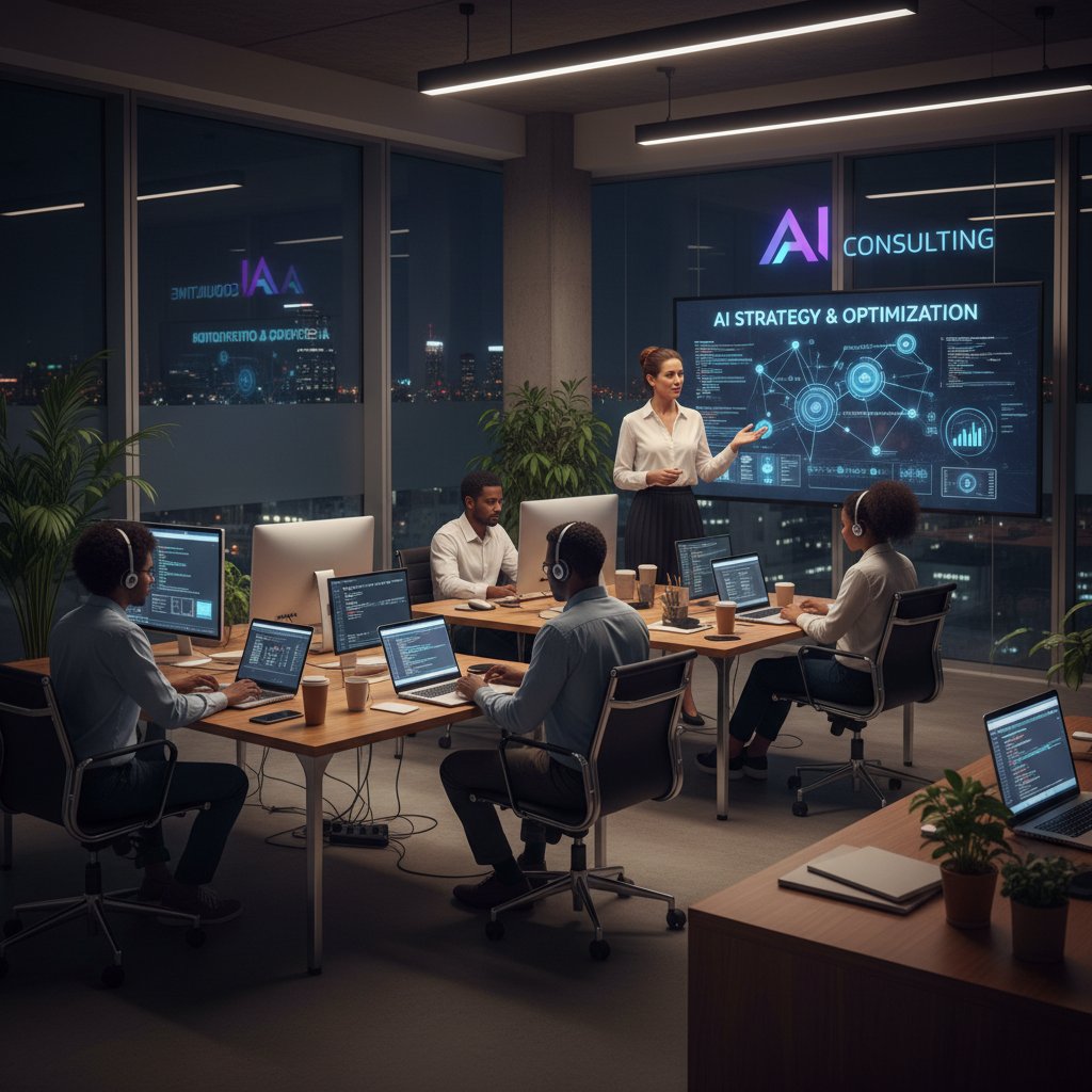 Nowoczesny właściciel firmy korzystający z doradztwa biznesowego AI w nocnym biurze z ekranami i wykresami