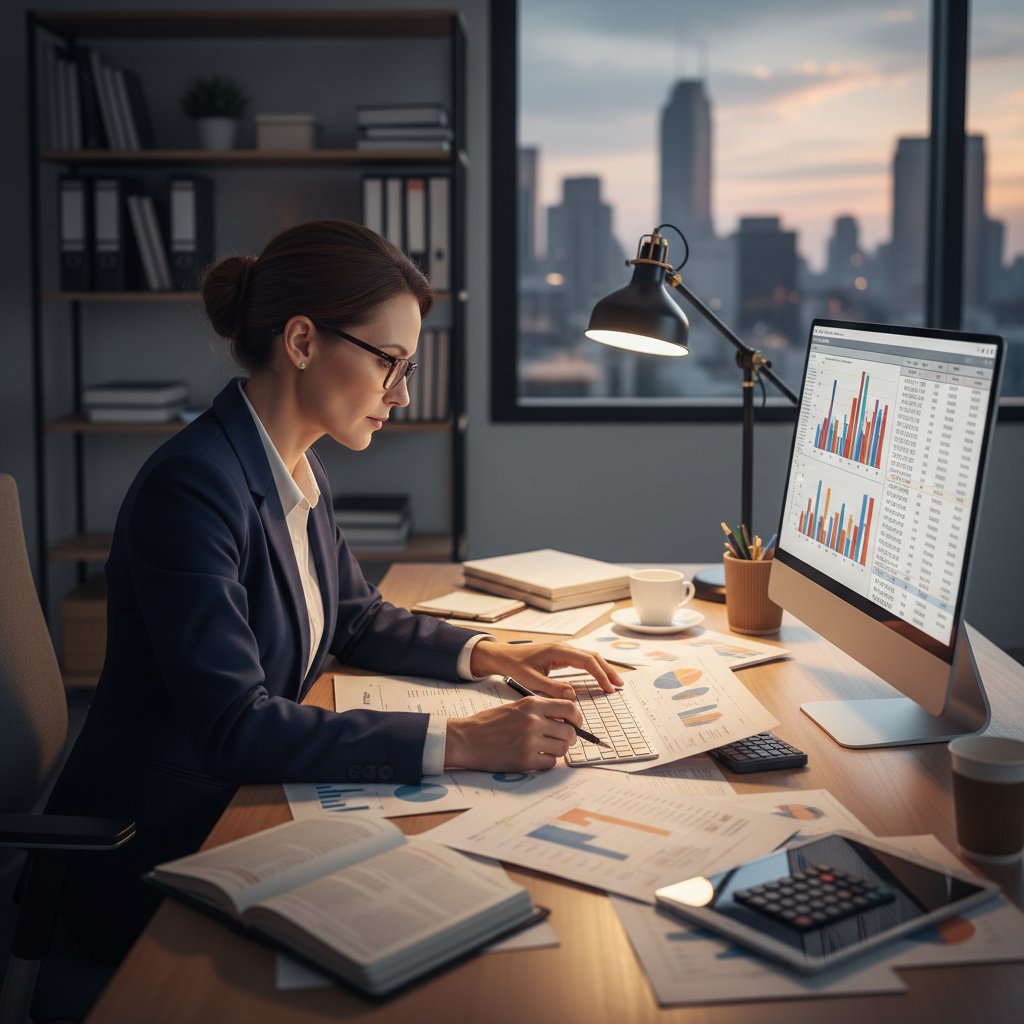 Właściciel firmy analizujący dokumenty i dane finansowe przy biurku