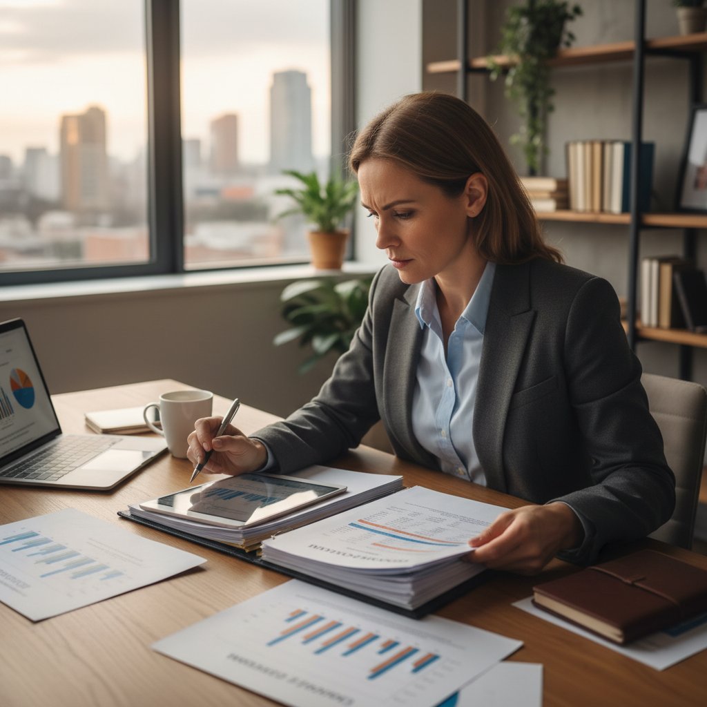Właściciel małej firmy analizujący oferty doradcze przy biurku, skupiony na drobnym druku