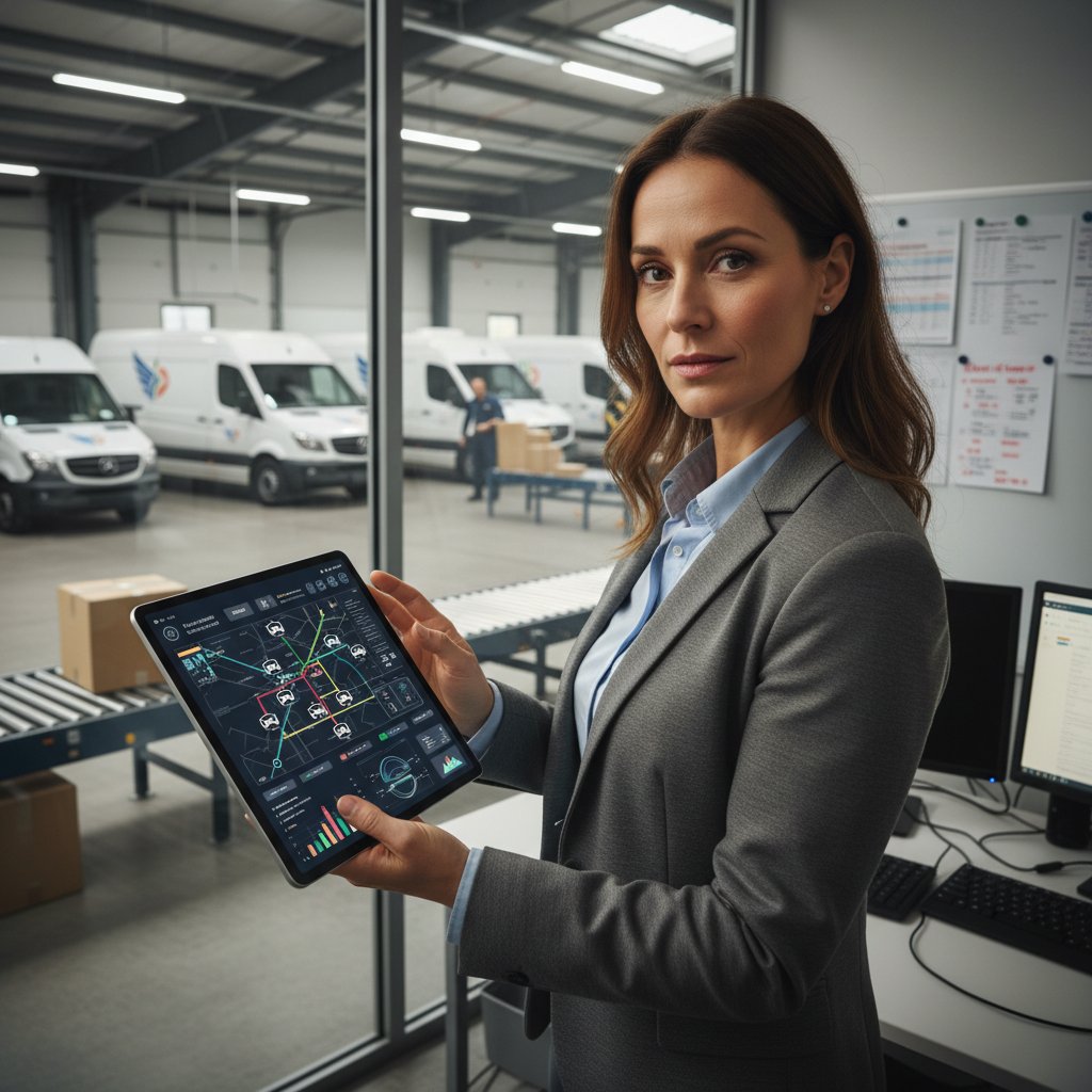 Młody przedsiębiorca analizujący dane na smartfonie i laptopie, obok floty dostawczych aut