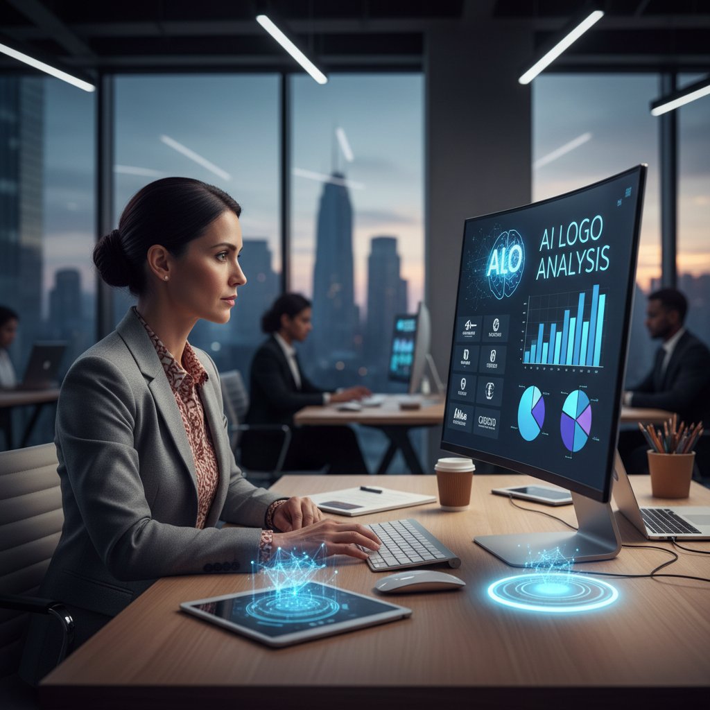 Przedsiębiorca analizujący wyniki projektu logo AI, notatki i korekty na biurku