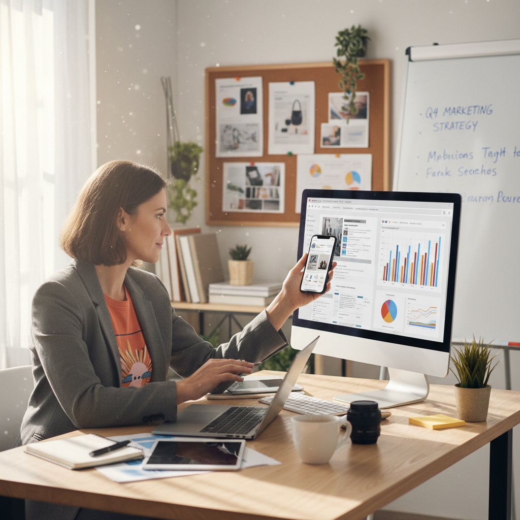 Przedsiębiorca korzystający z komputera otoczonego narzędziami marketingowymi i smartfonem