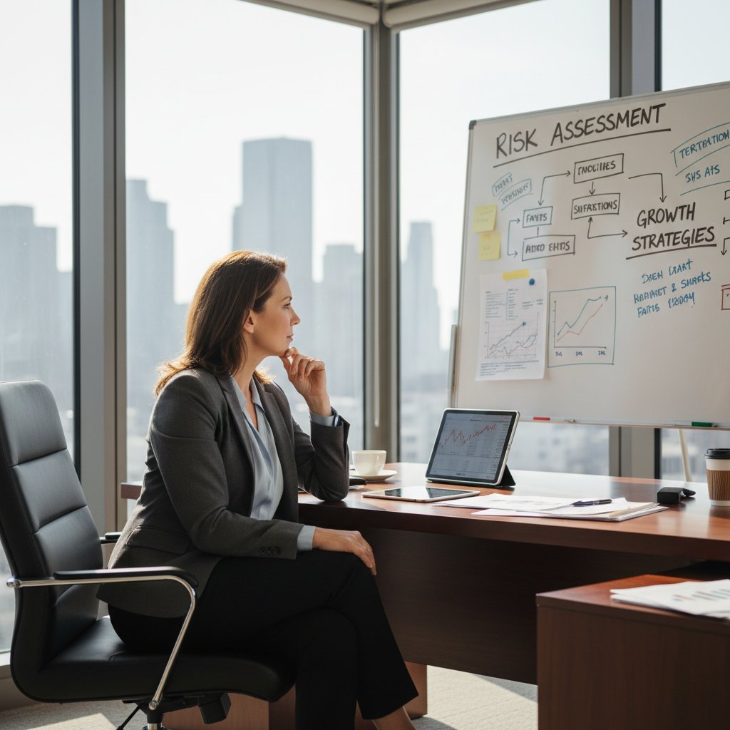 Zamknięty w sobie przedsiębiorca, siedzący samotnie w biurze, pogrążony w myślach o ryzyku i wzroście przychodów