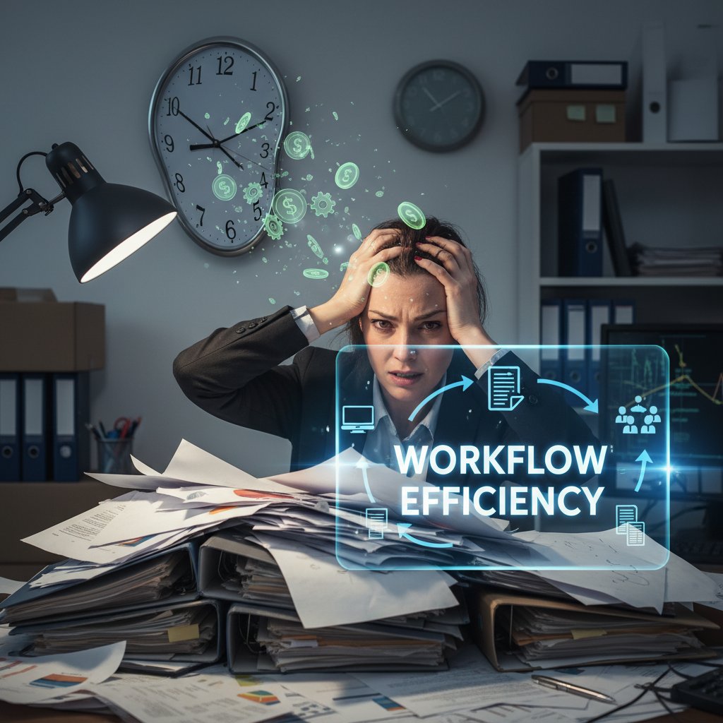 Business owner looking stressed at mountain of papers and a clock, symbolizing hidden time costs in business processes