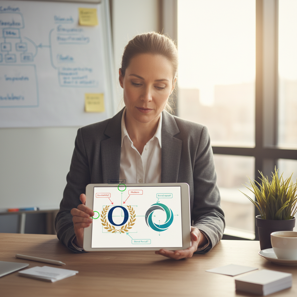 Przedsiębiorca analizujący różne wersje logo na tablecie i laptopie, przed finalnym pobraniem pliku