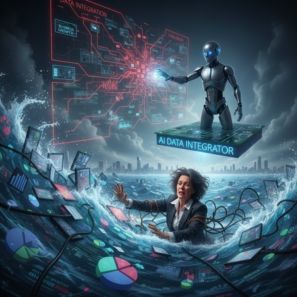 Właściciel firmy tonący w danych, obok obserwujący robot AI - nadmiar danych i wyzwania integracji narzędzi AI