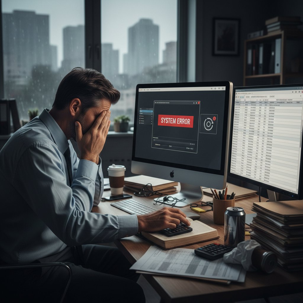 Właściciel patrzący rozczarowany na ekran laptopa, wokół kartki z kontaktami, słowa kluczowe: nieudane wdrożenie CRM, powrót do Excela, frustracja