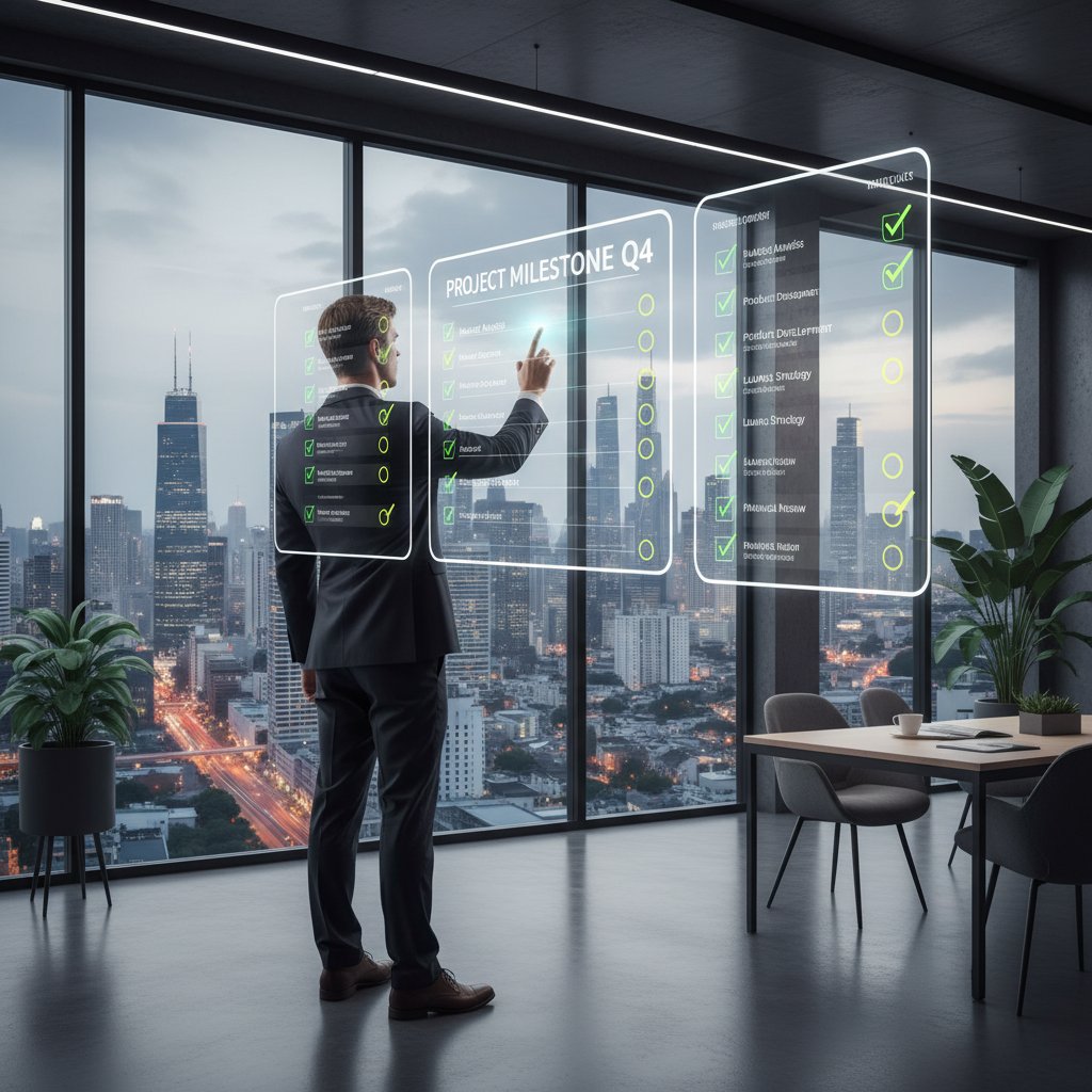 Biznesmen porównujący skomplikowane cyfrowe listy kontrolne na przezroczystych ekranach, biuro miejskie