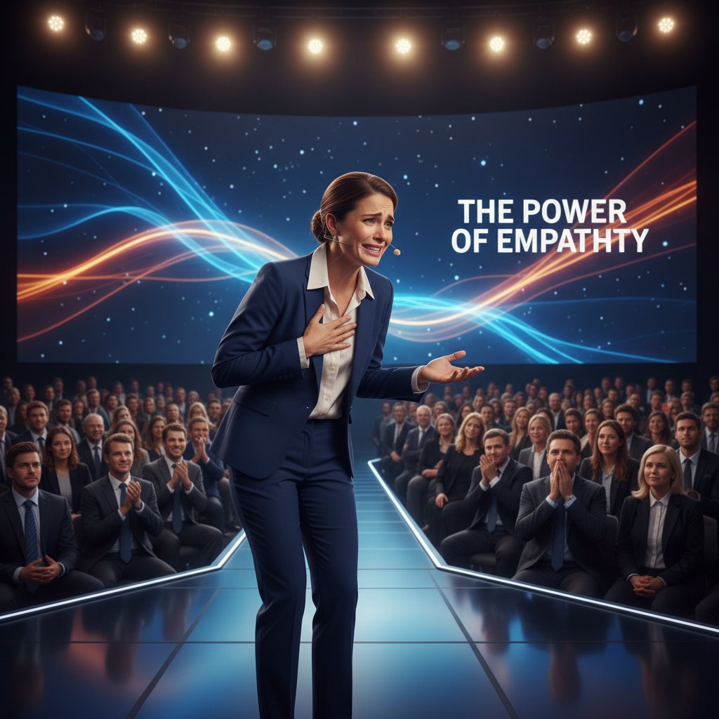 Osoba podczas prezentacji w pracy, z widocznymi emocjami, patrząca na publiczność