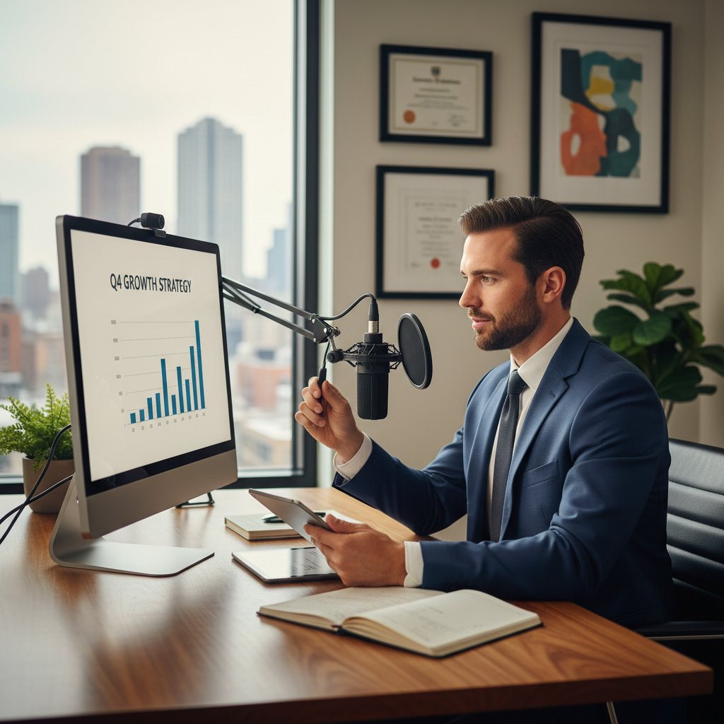 Prezenter biznesowy przygotowuje się do prezentacji online i ćwiczy przed komputerem