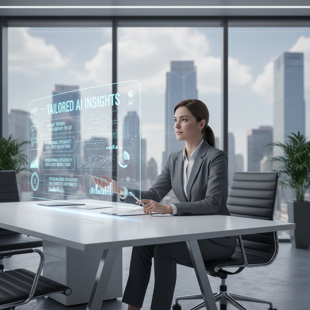 Business professional receiving tailored insights from AI teammate in a modern office