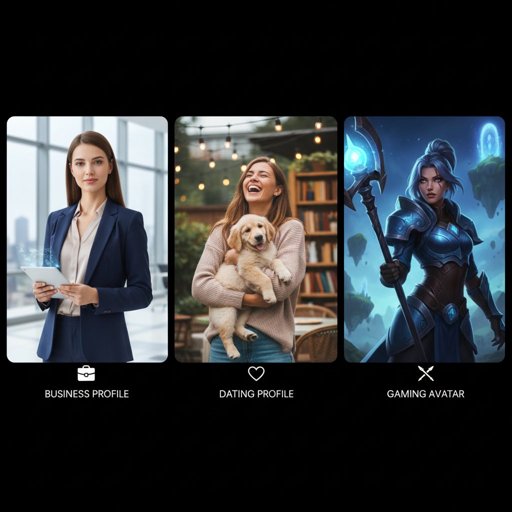 Trzy ekrany: profil biznesowy, randkowy i gamingowy – różne style awatarów AI