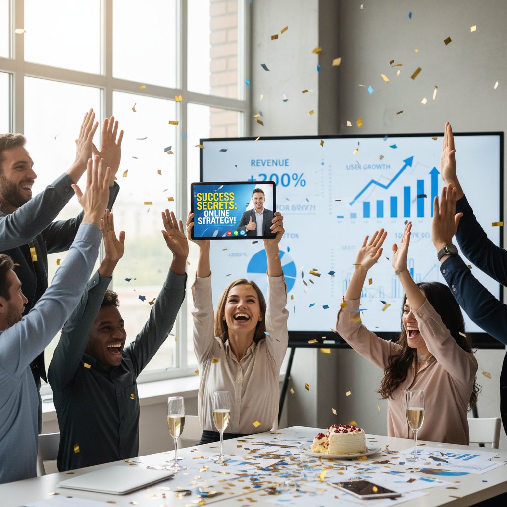 Zadowolony przedsiębiorca świętujący sukces dzięki doradztwu online