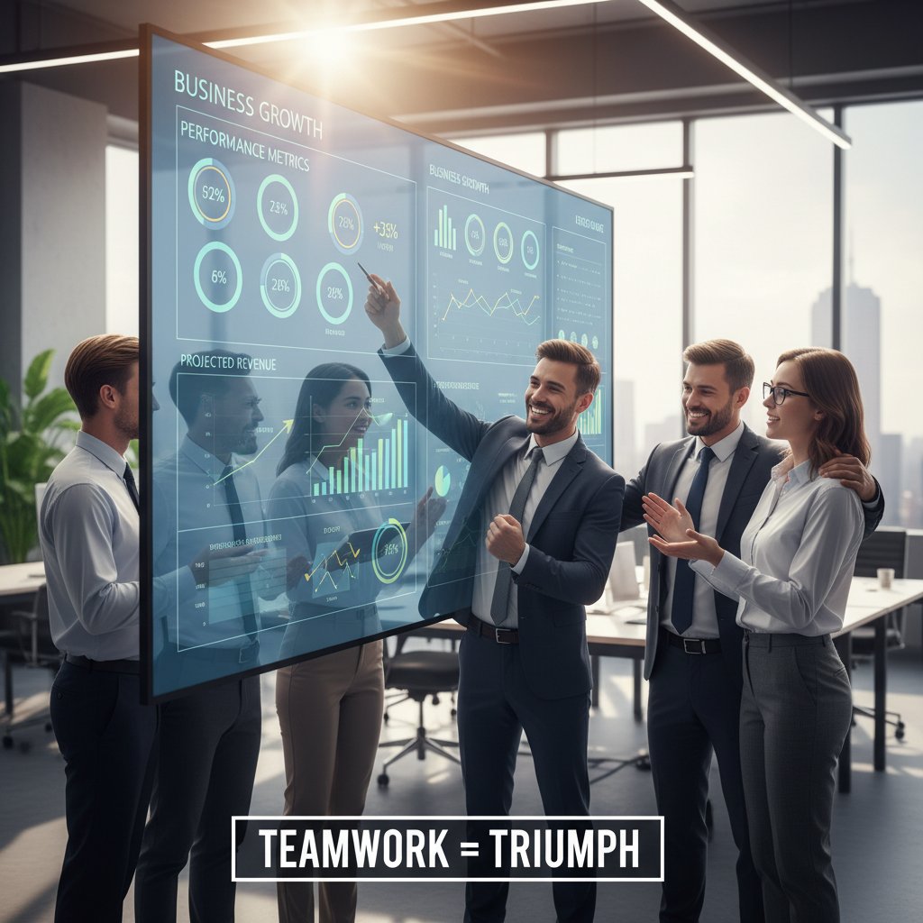 Fotografia zespołu świętującego sukces, ekran z widocznym wzrostem wskaźników na dashboardzie BI