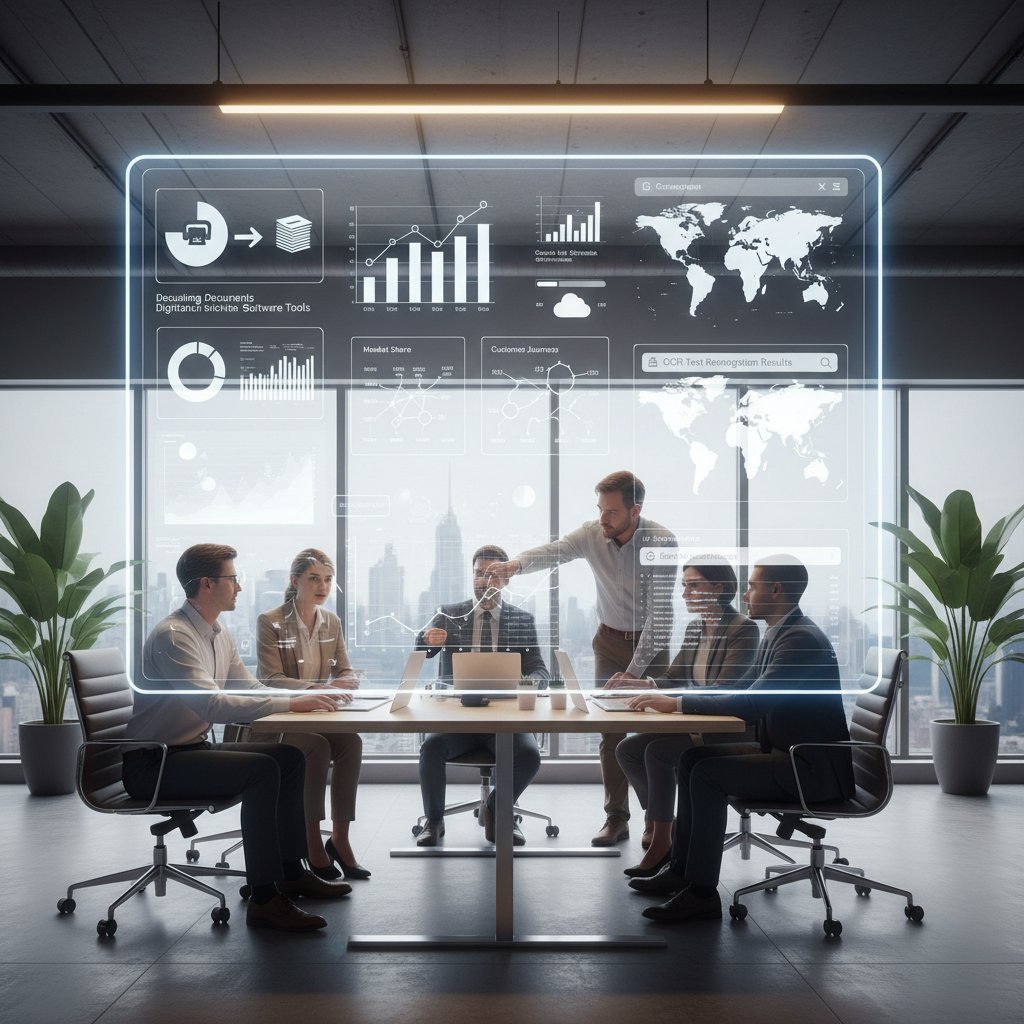 Photo of a business team reviewing an advanced document analytics dashboard in a modern office