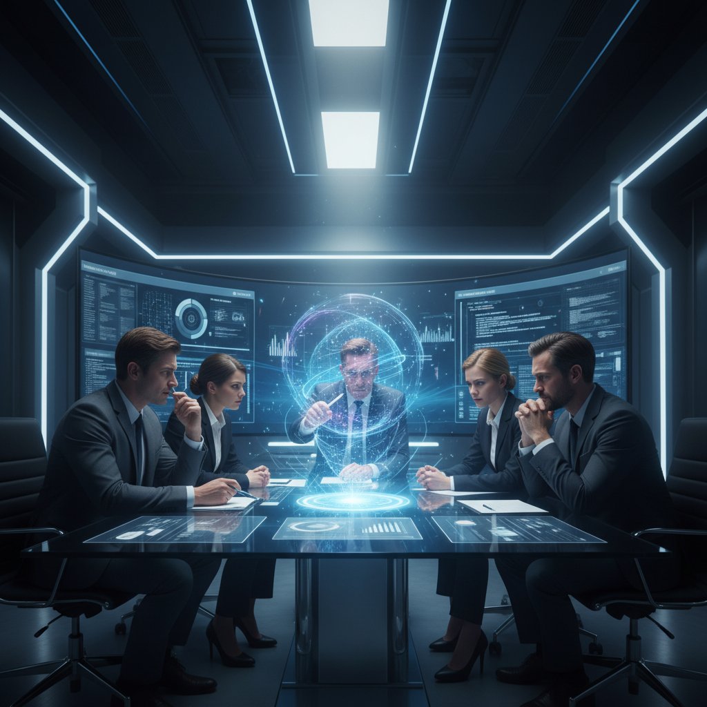 Nowoczesny zespół biznesowy analizuje dane z AI w biurze, automatyczne rekomendacje biznesowe na ekranie