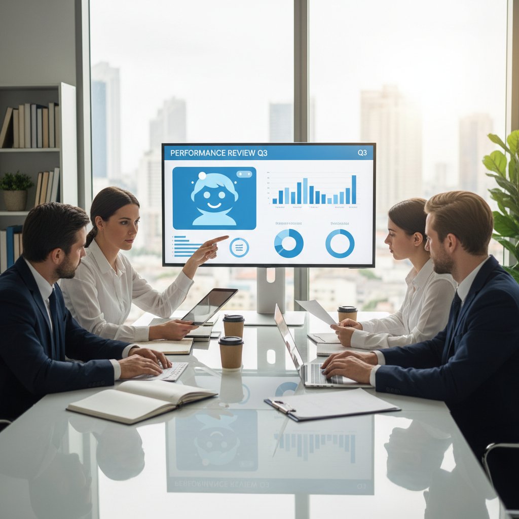Business team reviewing AI assistant performance and business metrics, documentary-style photo