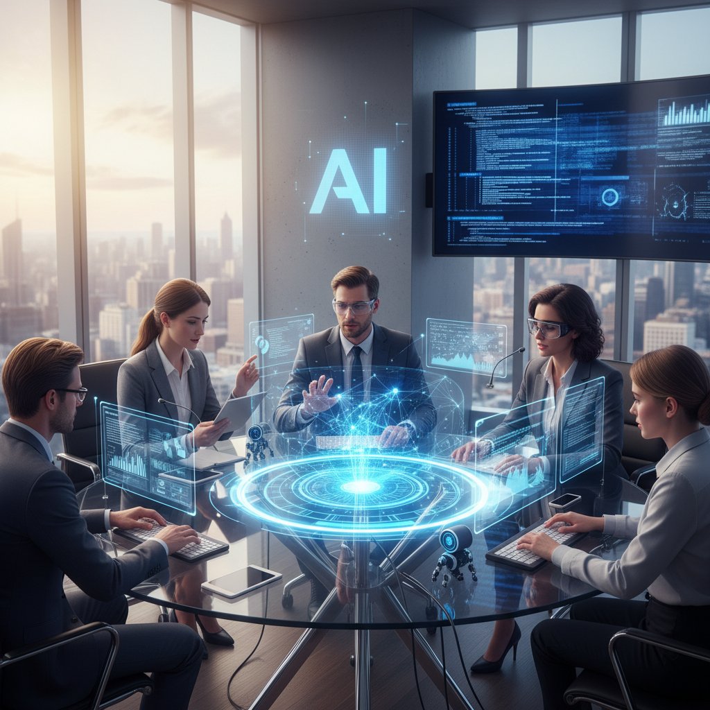 Zespół ludzi i AI doradca współpracujący przy stole konferencyjnym