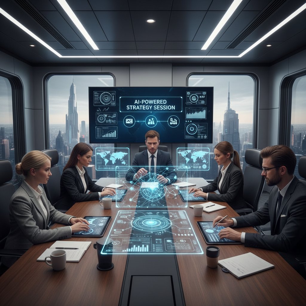 Zespół biznesowy analizujący narzędzia AI w sali konferencyjnej, ekrany z wykresami, atmosfera innowacji
