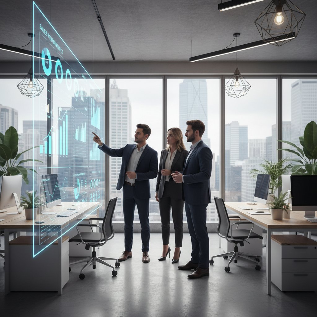 Zespół biznesowy analizuje proste dashboardy analityczne na laptopach