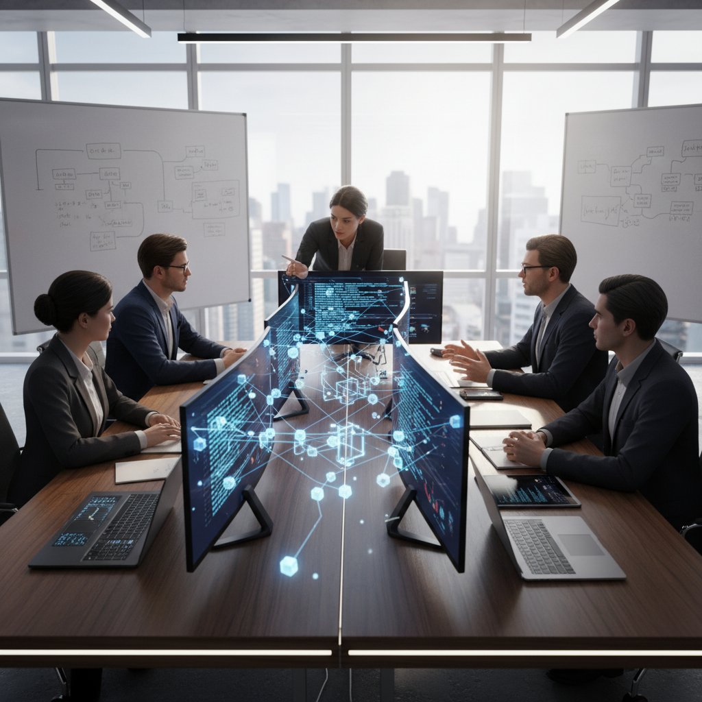 Nowoczesny zespół biznesowy korzystający z komputerów z widocznymi kodami blockchain na ekranach