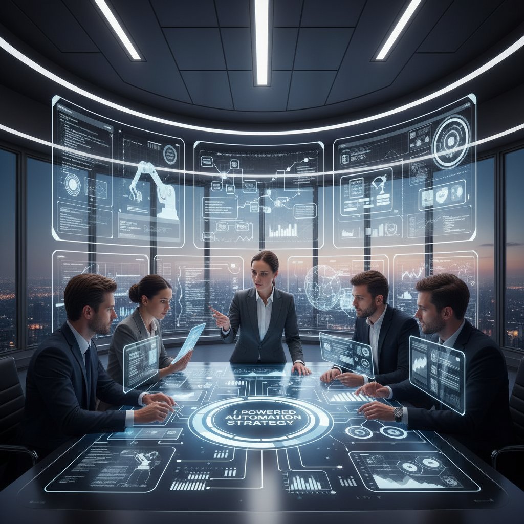 Business team collaborating on automation strategy, automate business customer interaction, digital interfaces, dynamic team