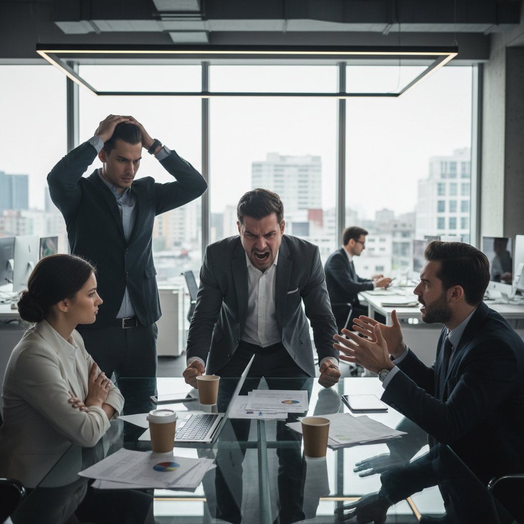Zespół projektowy w konflikcie – widoczna frustracja i brak komunikacji w nowoczesnym biurze